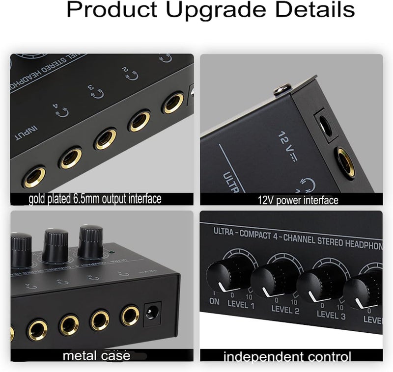 HSCLPM Headphone Amplifier, HA400 4-Channel Metal Stereo Audio Amplifier, Mini Earphone Splitter with DC 12V Power Adapter, HA400d1 for Sound Mixer PC Guitar Studio Stage - Image 2